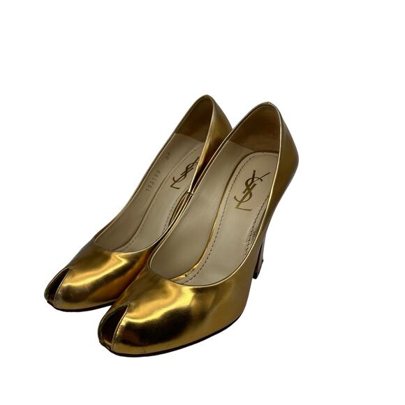 Yves Saint Laurent Metallic Gold Chunky Heel Peep Toe Pumps EUC 37 US 6.5 - Picture 6 of 16